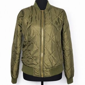 Say What? XS Olive Green Quilted Bomber Jacket Lightweight Zip Up Coat